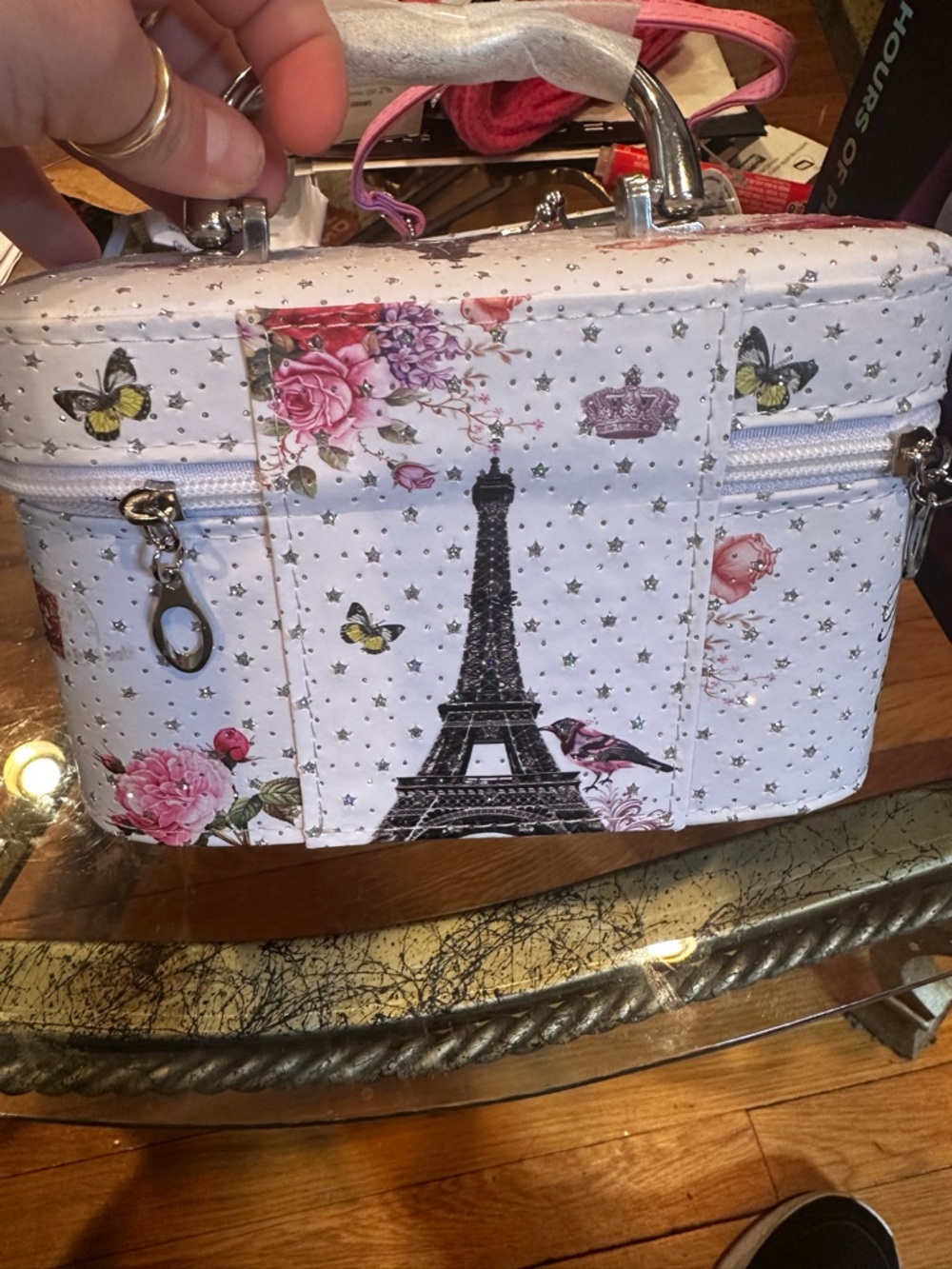 Paris Print White Women's Top-Handle Cosmetic Bag - Picture 3 of 6